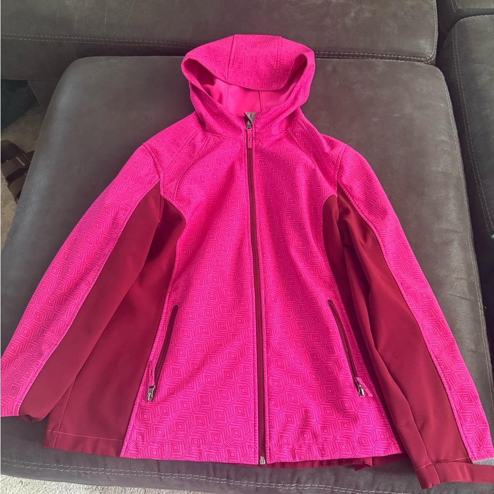 Red and pink softshell jacket with hood